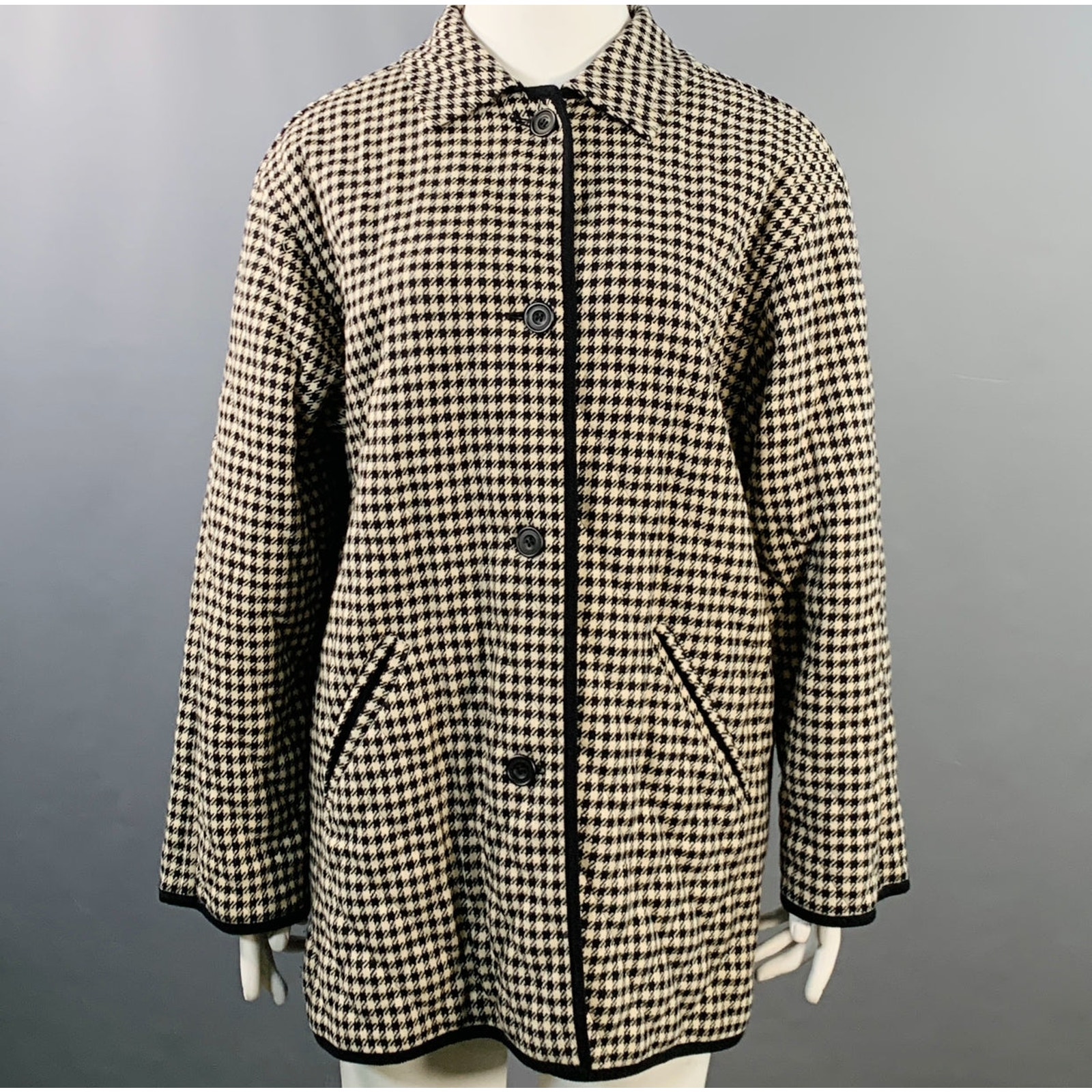 Aquascutum Size Xl Black Beige Wool Houndstooth Quilted Buttoned Jacket